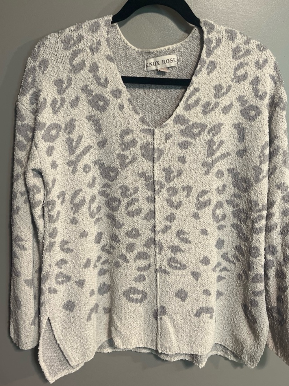 Knox Rose Cream Sweater with Light Gray Leopard Print V-Neck
